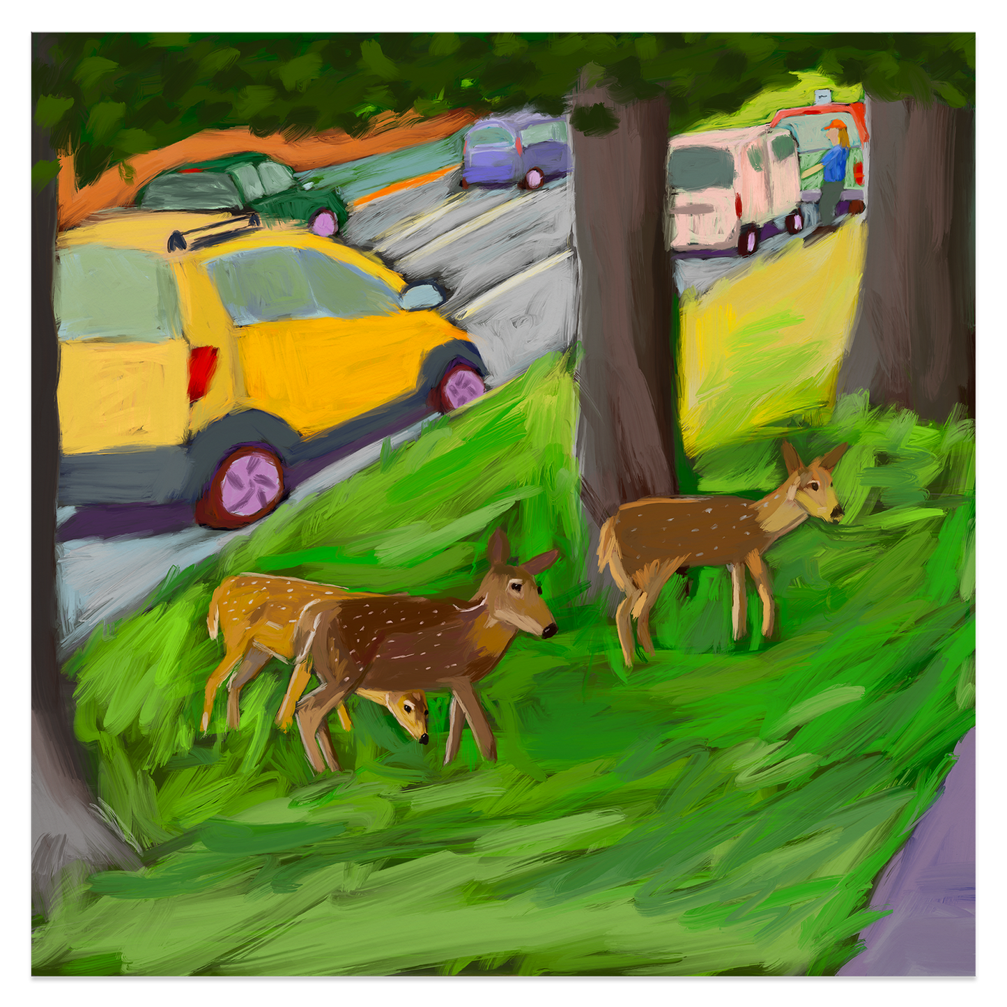 3 Deers, 5 Cars, 1 Guy Giclée Print