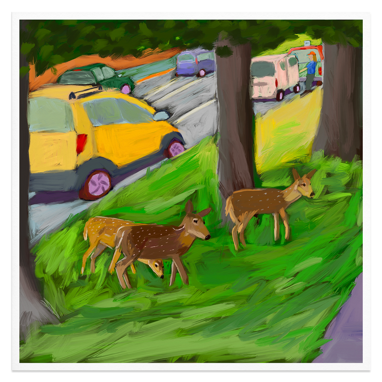 3 Deers, 5 Cars, 1 Guy Giclée Print